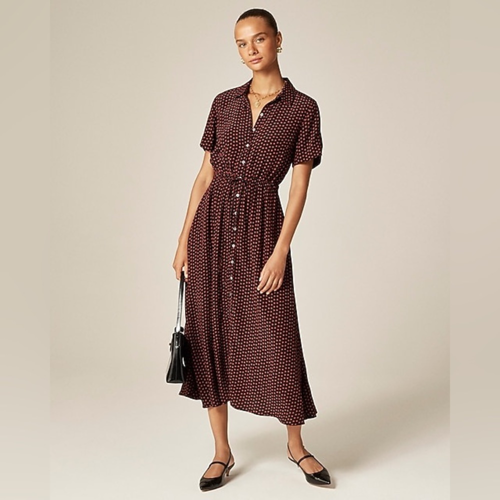 J. Crew Burgundy Midi Shirt Dress with Cream Dot Print
